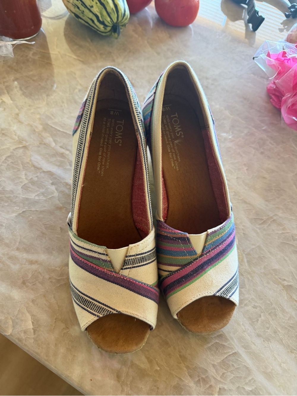 TOMS Women’s Peep-Toe Striped Canvas Wedges - Cream & Multicolor